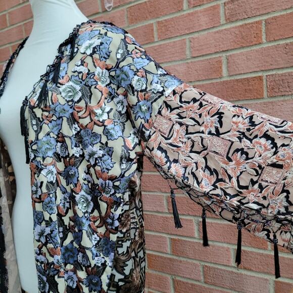 Sterling Styles Burnout Velver Beaded Tassel Fringe Boho Kimono Duster One Size - Picture 6 of 12